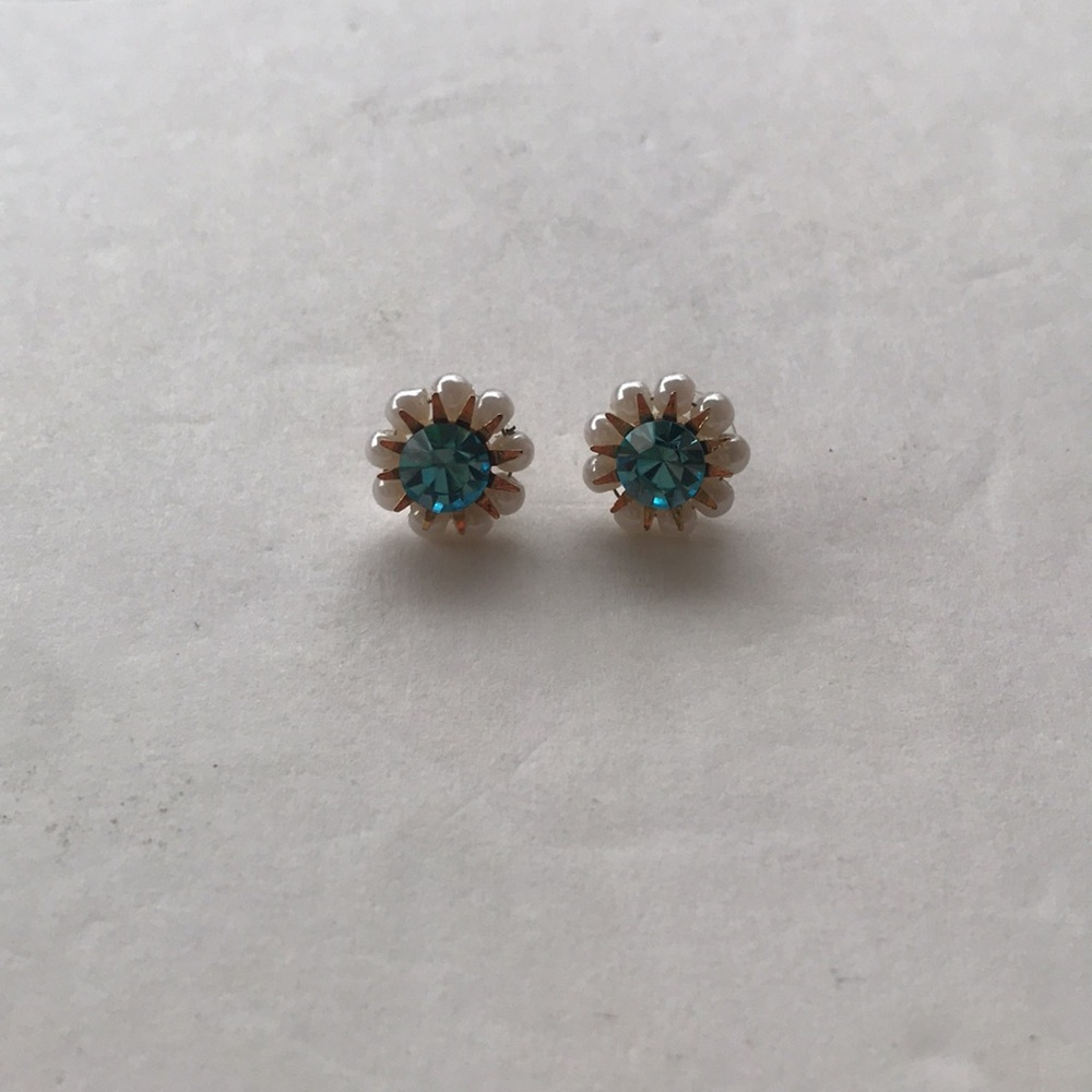 Y2k Betsey Johnson Stud Pearl Blue Gold Gem Tiffany Teal Vintage Sun Star Burst - Picture 4 of 12